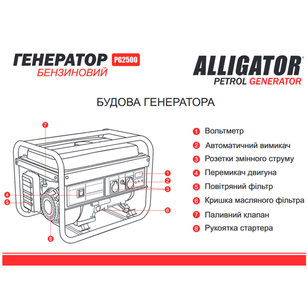 Бензиновий генератор Alligator PG2500 2.2кВт