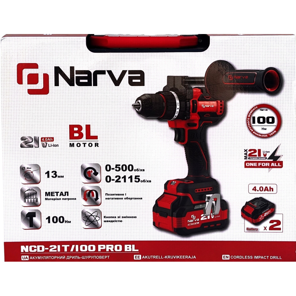 Аккумуляторный шуруповерт Narva NCD-21T/100 PRO BL ударный