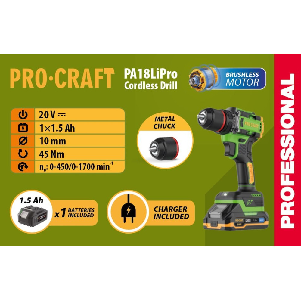 Шуруповерт аккумуляторный Procraft PA18LiPro (1 акб)