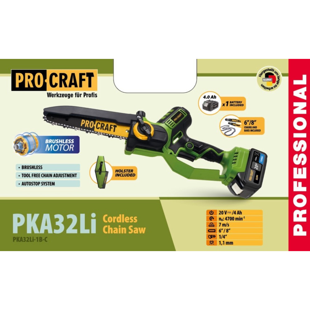 Аккумуляторная цепная пила Procraft PKA32Li (АКБ 4Ач и ЗУ) Кобура
